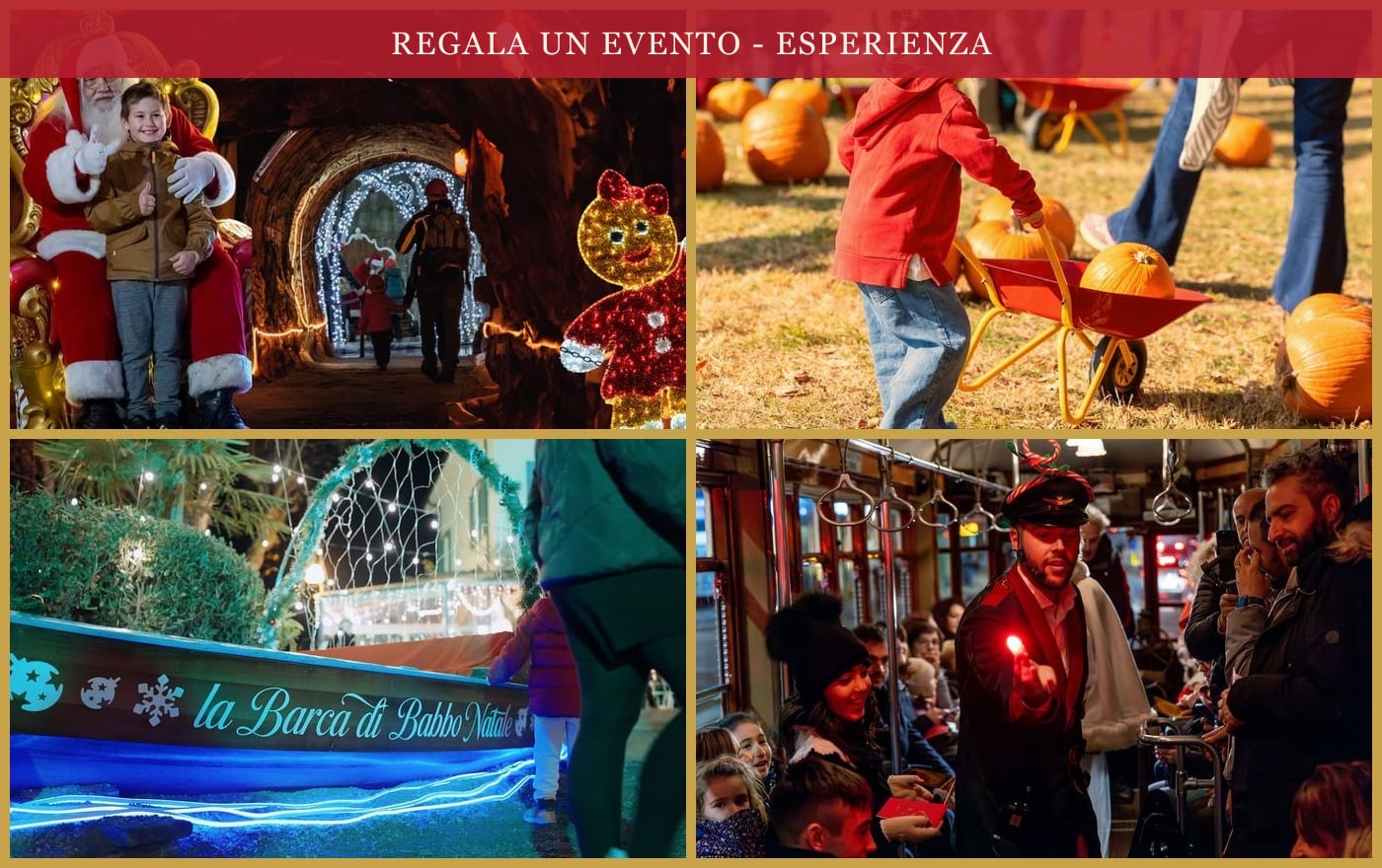 Collage regalo: Grotta di Babbo Natale, Villaggio delle Zucche, Motoscafi di Natale e Tram di Natale