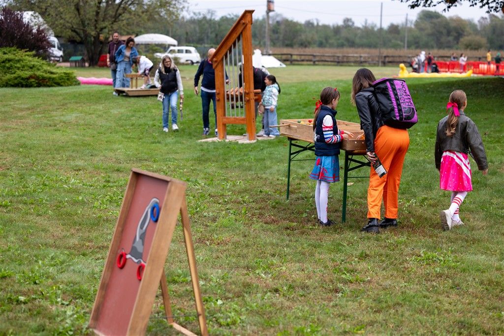 Giochi in legno sul prato del villaggio